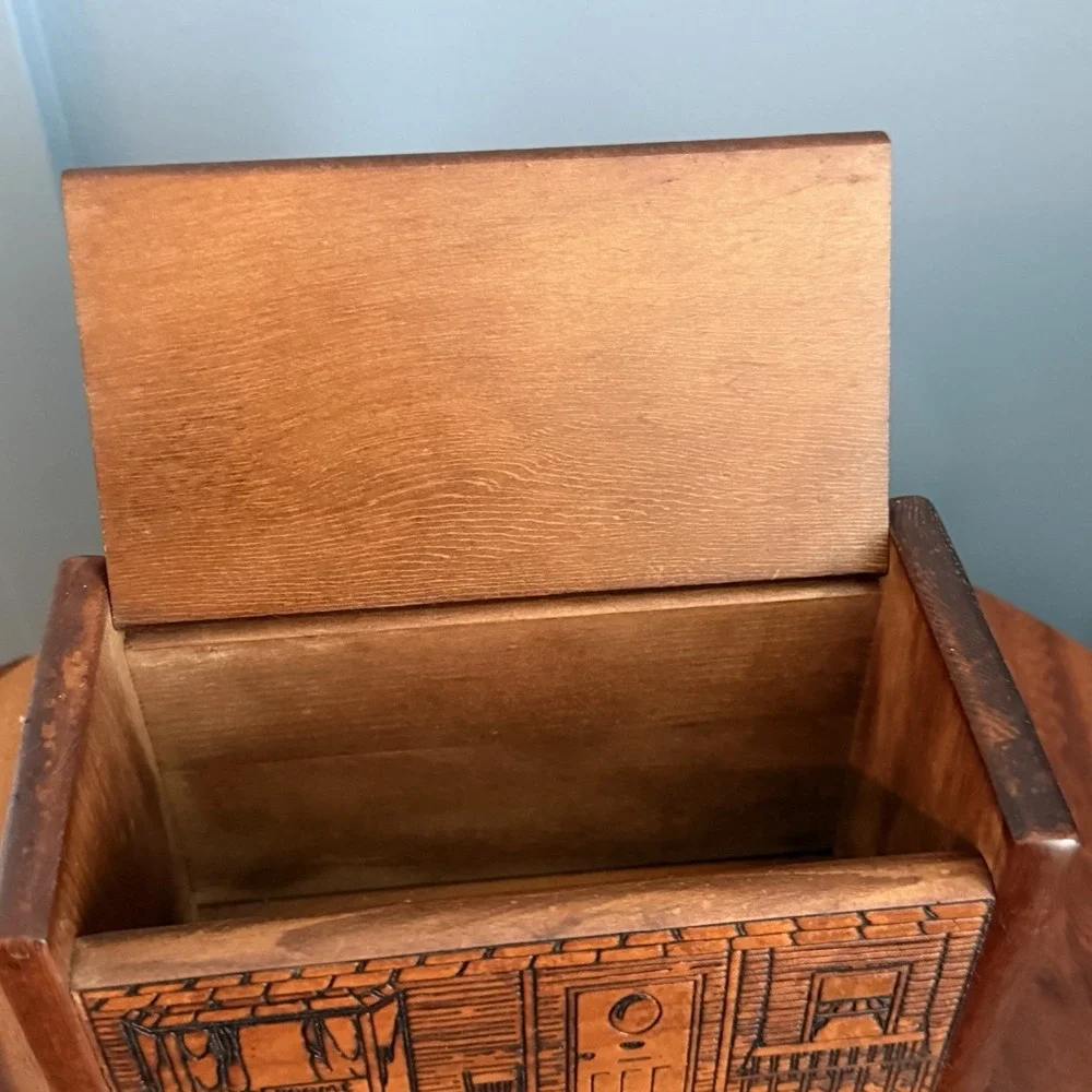 Vintage Wood Recipe Box Folk Art General Store Engraved Rustic Kitchen Decor